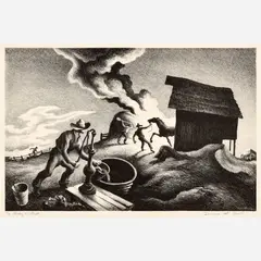 Fire in the Barnyard by Thomas Hart Benton, Offset Lithograph on Paper, sold Aug 2026