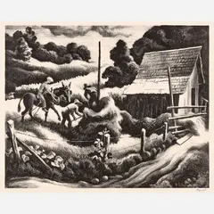 Haystack by Thomas Hart Benton, 1938, Lithograph on paper, sold Feb 2026