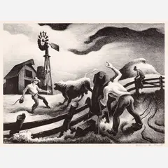 Photographing the Bull by Thomas Hart Benton, 1950, Lithograph on paper, sold Feb 2026