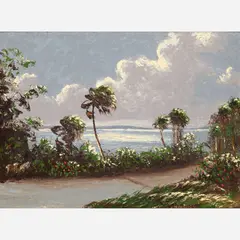Hibiscus on the River Road by Harold Newton, Oil on canvas board, sold Aug 2025