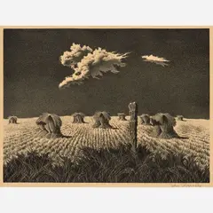 Wheat Shocks by John Rogers Cox, 1951, Lithograph on paper, sold Nov 2024