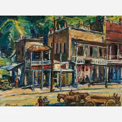 Harry Louis Freund, Regionalist street scene, circa 1940s, Oil on Masonite
