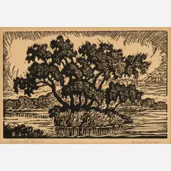Pond with Willows by Birger Sandzén, 1930, Linocut on paper, sold May 2024