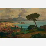 View of Naples, smoke rising from Vesuvius by Renato Natali, Oil on board, offered May 2024