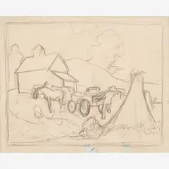 Farmer Unloading Wagon by Thomas Hart Benton, 1945, Graphite on paper, sold Dec 2023