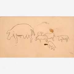 Pig with Piglets by Thomas Hart Benton, 1926, Graphite on paper, sold Dec 2023