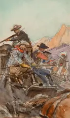 Philip Russell Goodwin, Stage Fighting Off Indians, Mixed Media on Paper