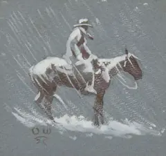 Olaf Wieghorst, Cowboy on Horse in Blizzard, Gouache