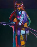 John Nieto, Mescalero Apache with Beaded War Cap, Acrylic on canvas
