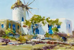 Walt Gonske, Windmill on Mykonos - Greece, Oil on board