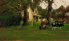 Bruce Cheever, Untitled (Cows grazing), Oil on board