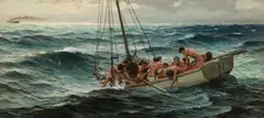 Tom Lovell, Untitled (Men in sailboat), Oil on board