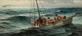 Tom Lovell, Untitled (Men in sailboat), Oil on board