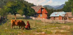 Albin Veselka, Evening Milking, Oil on board