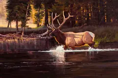 Julie Jeppsen, Untitled (Bull elk crossing stream), Oil on canvas