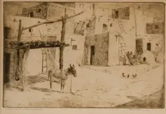 Edward Borein, A Street Scene In Taos, New Mexico, Etching