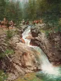 Jeff Watts, Rendezvous at Broken Falls, Oil on board