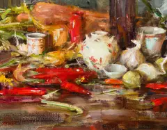 Still Life with Red Chiles by Laura Robb, Oil on canvas, sold Aug 2026