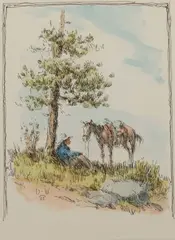 Olaf Wieghorst, Cowboy and Horse Resting at the Base of a Tree, Mixed Media