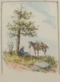 Olaf Wieghorst, Cowboy and Horse Resting at the Base of a Tree, Mixed Media