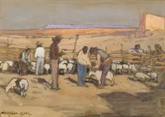 Carl Oscar Borg, Navajos Sheering Sheep, Gouache