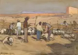 Carl Oscar Borg, Navajos Sheering Sheep, Gouache