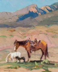 Oscar E. Berninghaus, Horses Grazing in Taos Mountains, NM, Oil on board