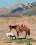 Oscar E. Berninghaus, Horses Grazing in Taos Mountains, NM, Oil on board
