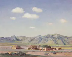 Oscar E. Berninghaus, Ranch House and Mountains, Taos, Oil on canvas