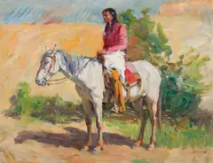 Joseph Henry Sharp, Indian on Horse, Oil on canvas mounted to board