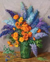 Joseph Henry Sharp, Delphinium and Marigolds, Oil on canvas