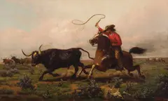 Wrangling a Longhorn Cattle by James N. Hess, Oil on canvas, sold Apr 2026