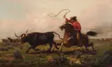 James N. Hess, Wrangling a Longhorn Cattle, Oil on canvas