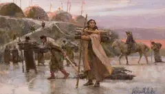Wood Gatherers of Mih-Tutta-Hangkusch study by Kenneth Riley, Acrylic on board, sold Apr 2026