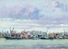 Leon Gaspard, Untitled (Boats and harbour), Oil on board