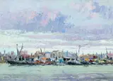 Leon Gaspard, Untitled (Boats and harbour), Oil on board