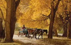 Ray Swanson, Untitled (Horse-drawn wagon), Oil on board