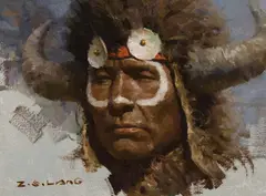Z. S. Liang, Buffalo Medicine Hat, Oil on board