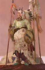 Mandan Warrior by Kenneth Riley, Oil on board, sold Apr 2026