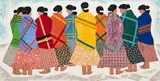 Barbara Latham, Navajo Women Waiting, oil, graphite and fabric on masonite