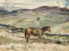 Peter Hurd, Woman on Horse, Watercolor