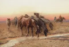 De Cost Smith, Watering Horses, Oil on canvas