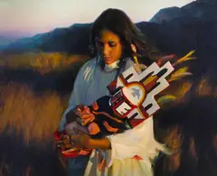 Tom Darro, Girl with Hemis Kachina, Oil on canvas mounted to board