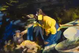 Tom Darro, Indian Girl With Water Jug- Study In Yellow and Blue, Oil on canvas