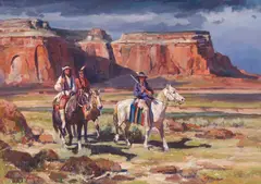 Navajos in the Red Rocks by Jim Norton, Oil on canvas mounted to board, sold Apr 2025