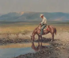 Olaf Wieghorst, Watering his Pony, Oil on canvas