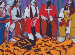 Fritz Scholder, Indians and Persian Rug, Acrylic on canvas