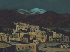 Taos Pueblo Moonlight by E. Irving Couse, Oil on board, sold Apr 2025