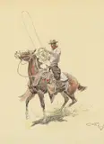 Center Fire Man on a Bronc by Charles Marion Russell, Pen & Ink with Watercolor, sold Apr 2025