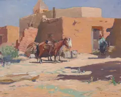 Oscar E. Berninghaus, Among the Adobes-Taos, Oil on canvas